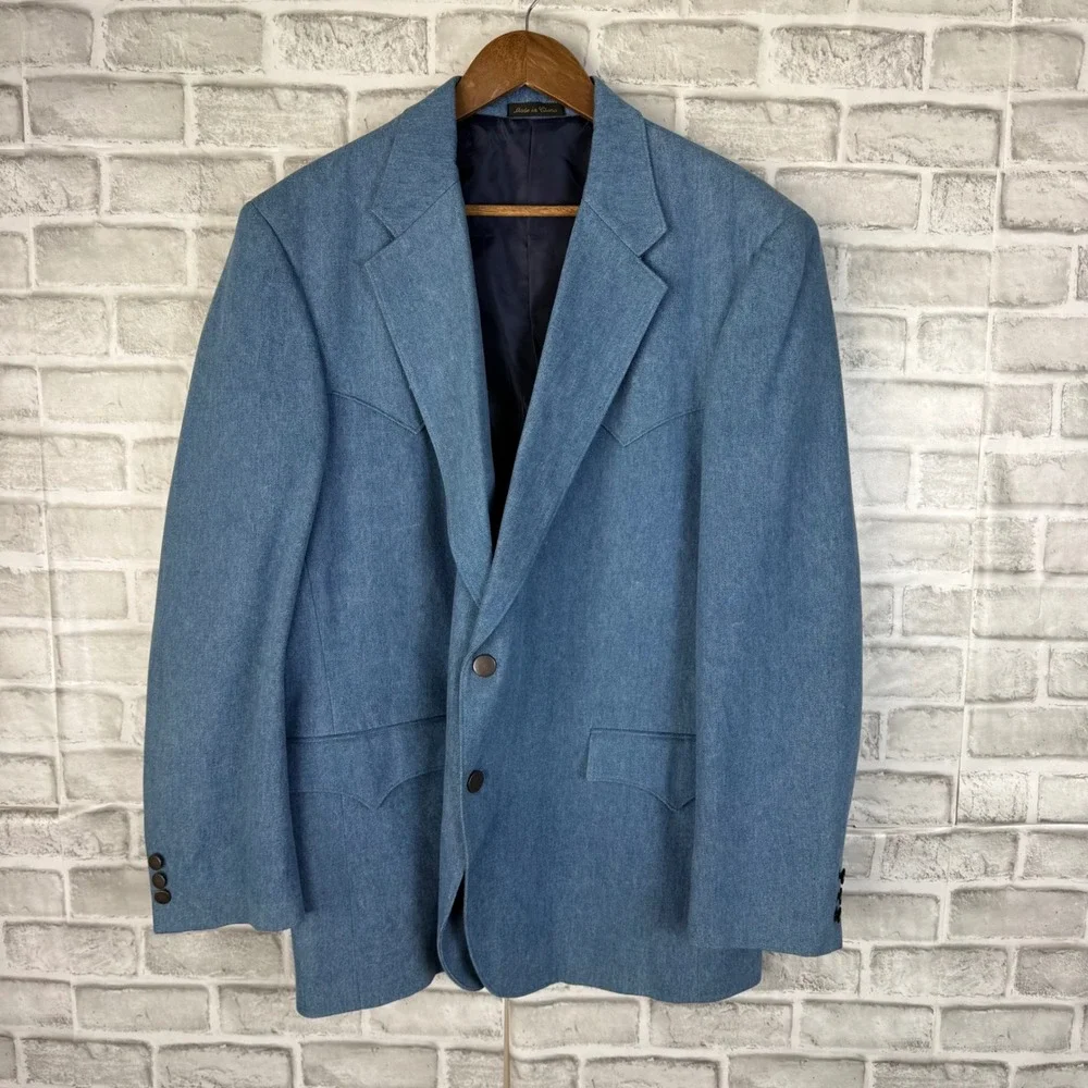 Circle S Dallas Texas Mens Blue Cotton Western Blazer Sport Coat 44R Denim Style